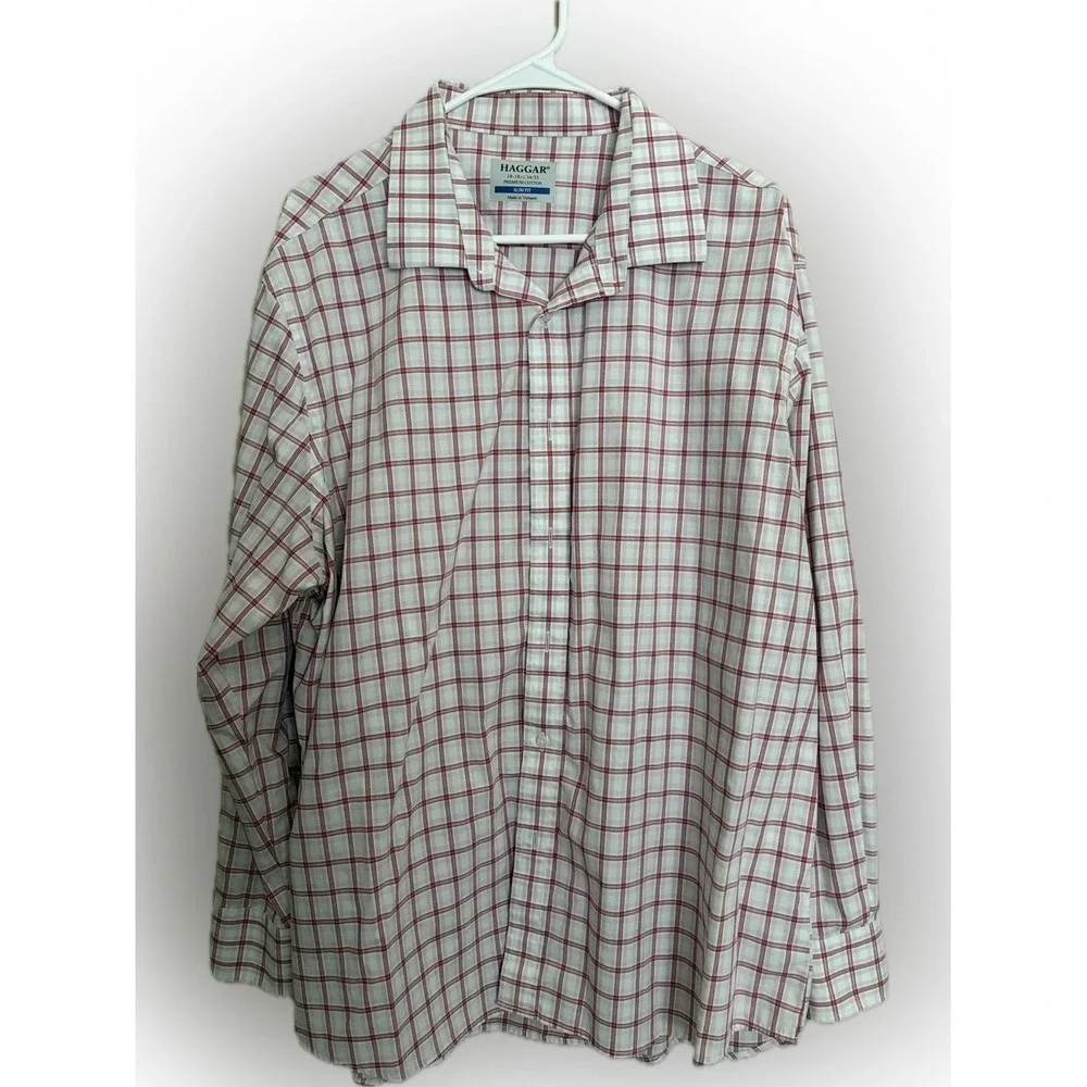 Haggar White Button-Down Shirt with Red Windowpane Plaid‎